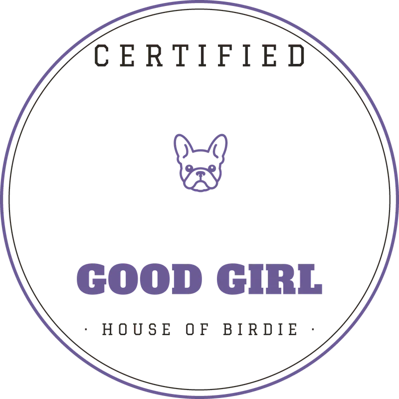Certified Good Girl tee graphic: circular seal with Birdie portrait